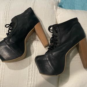 Jeffrey Campbell Lita Black Distressed Leather Look Wood Heel Lace Up Boot 11
